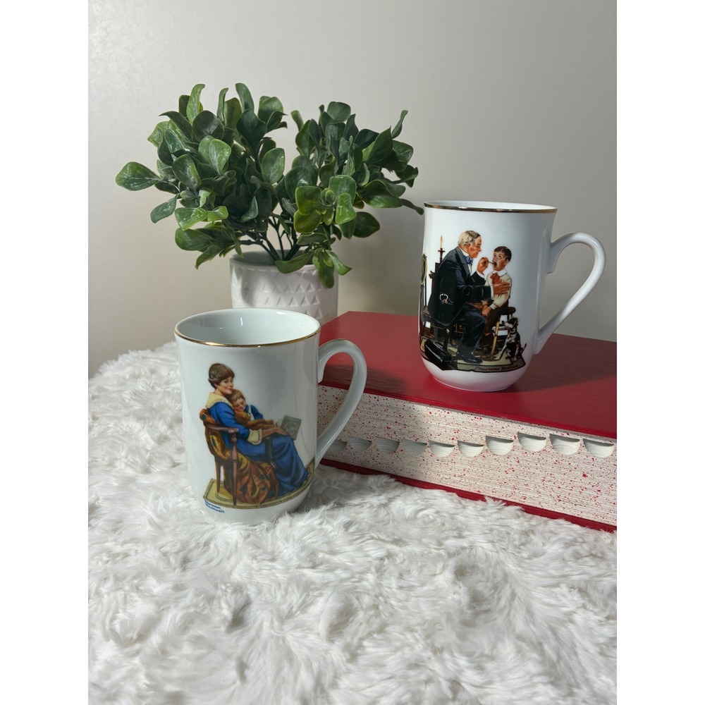 VTG Norman Rockwell Museum Porcelain Mug Set Bedtime & The Country Dr. Gold Rim